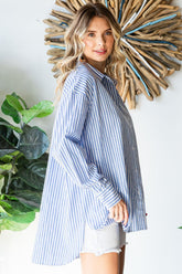 First Love Women's Striped Button Down Shirt with High-Low Hem - 100% Cotton